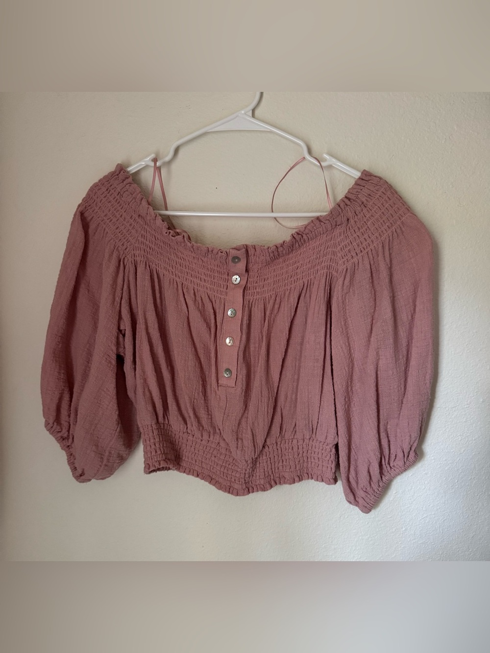 The Impeccable Pig Off-Shoulder Smocked Blouse in Dusty Rose Pink | Size Medium
